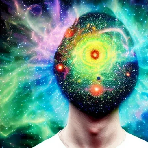 Prompt: cosmic psychedelic chaos energy emitting from man’s head