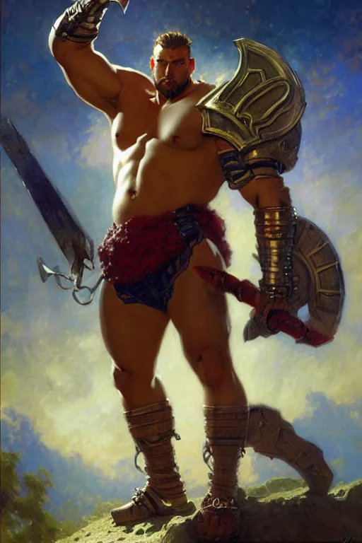 Image similar to attractive beefy male with armor, character design, colorful, cryptid academia, painting by gaston bussiere, craig mullins, j. c. leyendecker, tom of finland