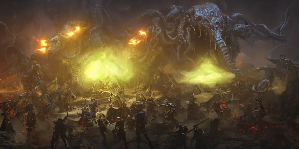 Image similar to long shot, fantasy battlefield, autobots against cthulhu with magic and terror beasts, digital art, art station, render, volumetric light