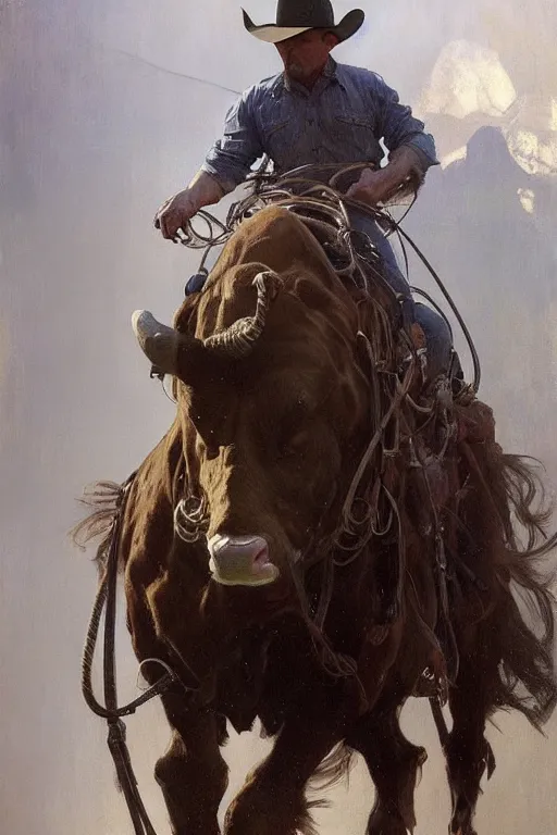 Image similar to hyperrealist portrait of a cowboy roping a steer coach by jeremy mann and alphonse mucha, fantasy art, photo realistic, dynamic lighting, artstation, poster, volumetric lighting, very detailed faces, 4 k, award winning