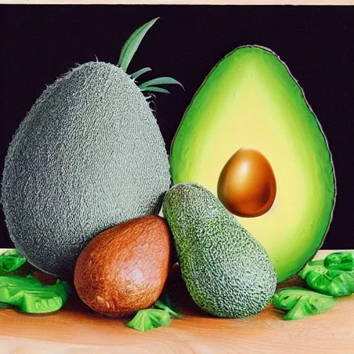 Prompt: hairy avocado surrounded by vegetables of different sizes and shapes, in the style of Dali and Bosch