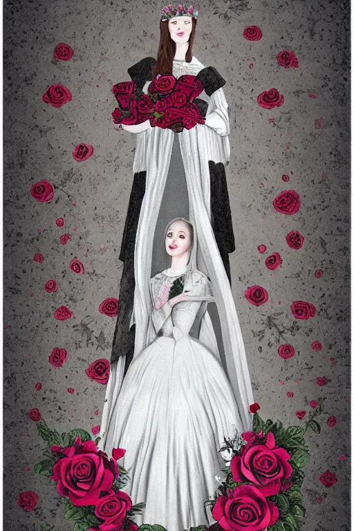 Image similar to elegant fairytale tower covered in roses, full body portrait of medieval princess, cottagecore, nostalgia of a fairytale, Exquisite, dramatic lighting, black paper, muted colors and gradients