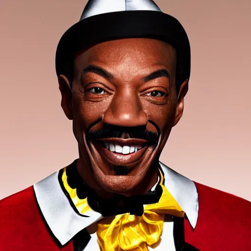 Image similar to photo of eddie murphy as a clown looking at the camera and smiling, hyper - realistic, very detailed, ray tracing, 8 k resolution, long - shot, sharp focus, low angle, 8 5 mm photograph, wide lens