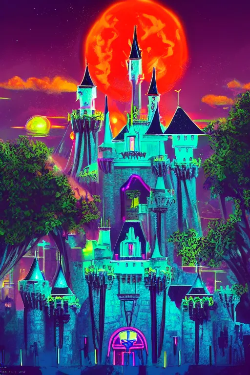 Image similar to concept art of disneyland castle, synthwave, sunset, fireworks, neon