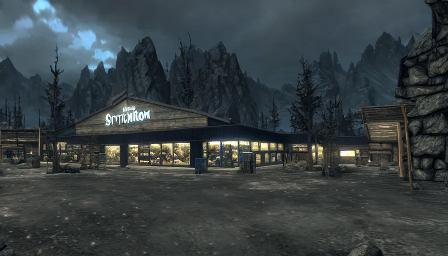 Image similar to skyrim screenshot of a blue modern walmart supercenter in the middle of the whiterun cloud district, shopping building, bokeh, 4 k, promotional photograph, enb, godrays, ultra render, anti - aliasing, post - processing