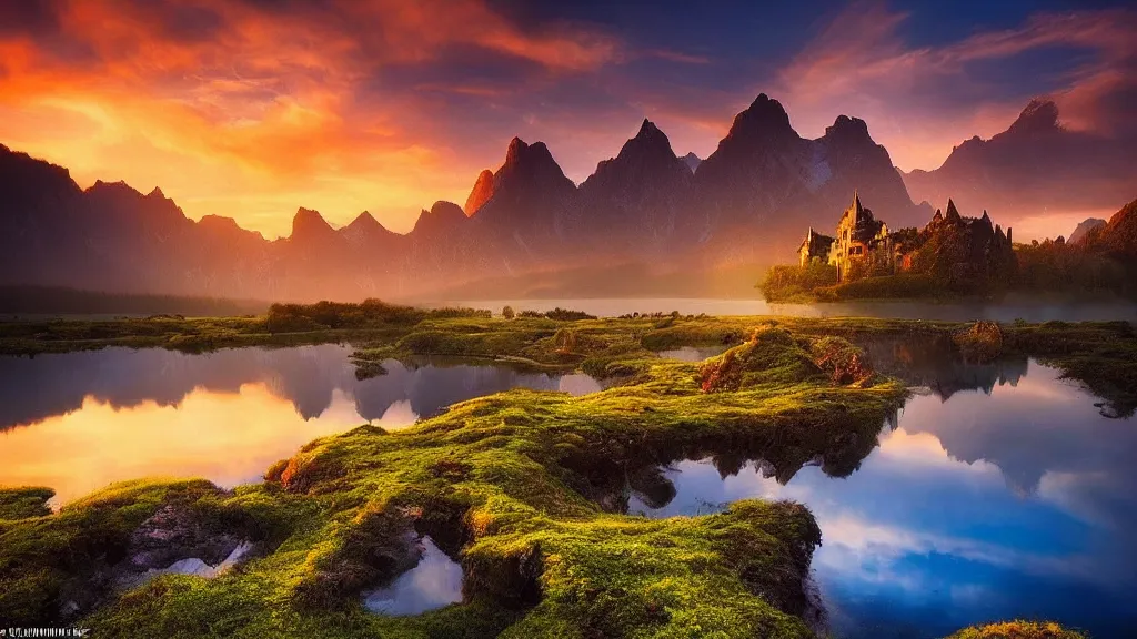 Image similar to amazing landscape photo of a fairy castle with lake in sunset by marc adamus, beautiful dramatic lighting