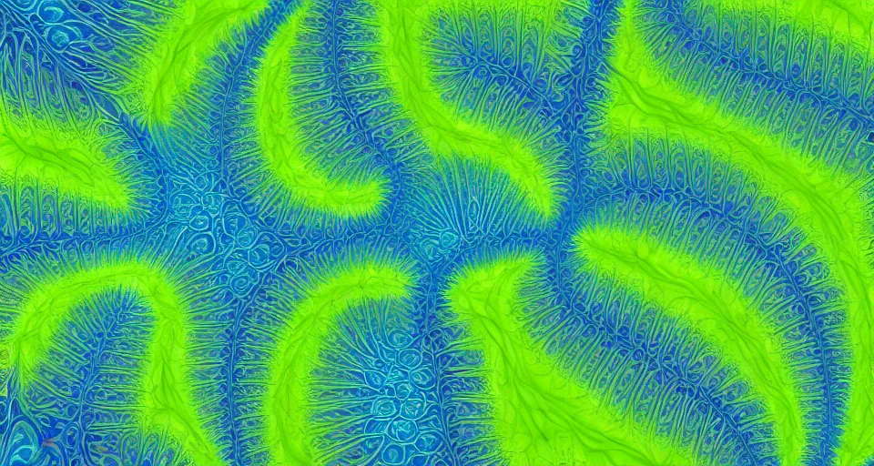 Image similar to low quality blurry cell phone footage of an abstract blue and green fractal, symmetry, dark