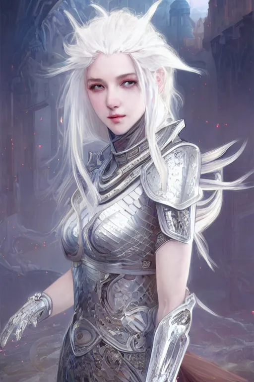 Image similar to portrait white hair knights of Zodiac girl, Sliver ice color reflected armor, in ruined Agora of Athens Sunrise, ssci-fi and fantasy, intricate and very very beautiful and elegant, highly detailed, digital painting, artstation, concept art, smooth and sharp focus, illustration, art by tian zi and WLOP and alphonse mucha