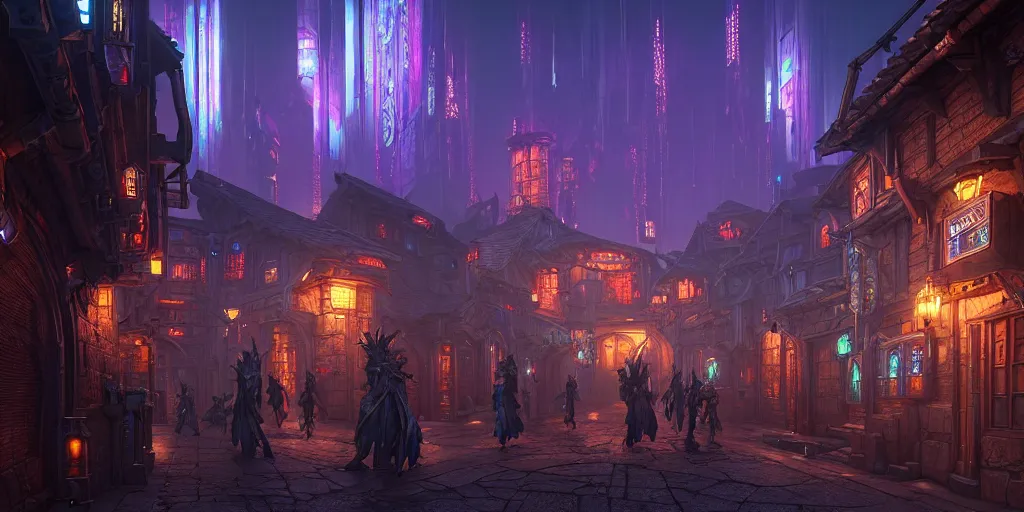 Prompt: highly detailed octane render of a stylish cyberpunk medieval fantasy village with futuristic medieval architecture and neon lights, art by greg rutkowski and artgerm and peter mohrbacher, unreal engine 5, ray - tracing, d & d, lord of the rings, sci - fi, blue and purple, intricate, glow, atmosphere, smooth, sharp focus, vibrant colors