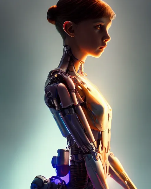 Prompt: weta movie still full body portrait photo of millie bobby brown as a sad translucent plastic cyborg girl by weta, wlop, ilya kuvshinov, rossdraws, artgerm, anime, liosh, mucha