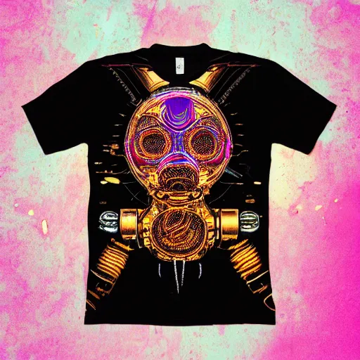Image similar to mockup of a black tshirt with a hyperdetailed portrait of a steampunk robot on lsd, 8 k, symetrical, flourescent colors, trippy mood, multicolored,