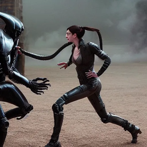 Prompt: promotional image of Anne Hathaway fighting the Xenomorph, high quality