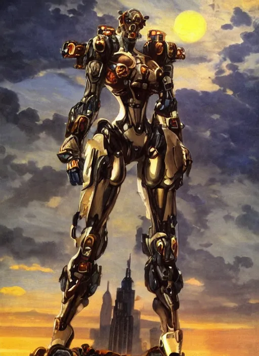 Image similar to biblical mecha daemonic slim fit female, dynamic pose, in clouds over a city, sunset, big eyes, portrait by mikhail vrubel, studio lighting, muted colors, by frank frazetta, extreme detail, reflections, trending on artstation, 8 k