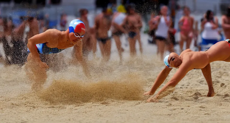 Image similar to olympic swimming in sand instead of water, motion blur