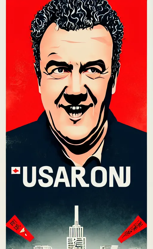 Image similar to propaganda poster jeremy clarkson as ruler of north korea, 8 k, trending on artstation