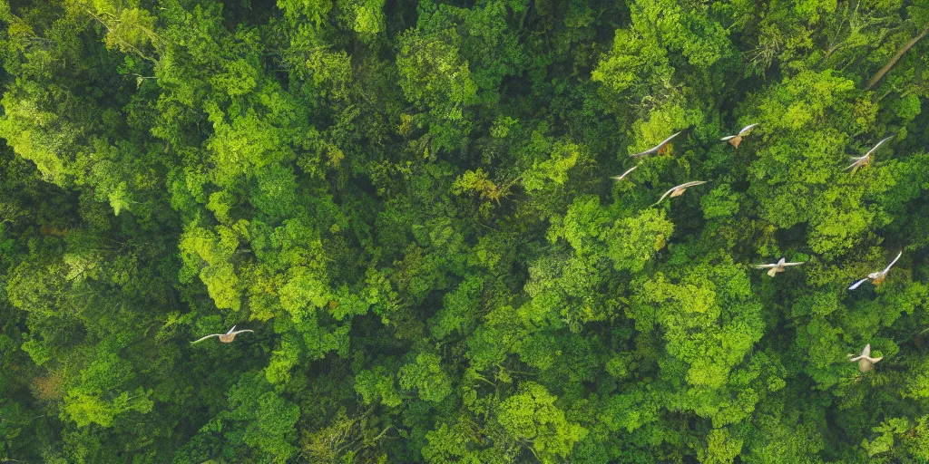 Image similar to horizontal view of sunlit rainforest treetops with flying birds, photograph, 4 k