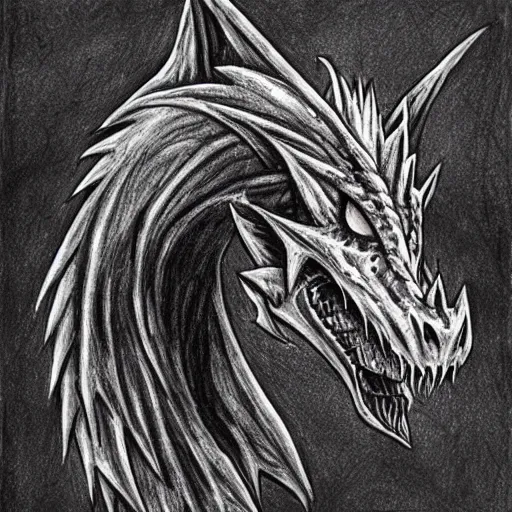 Image similar to a scary horror themed pet-dragon, drawn with charcoal and pen and ink, half-tone-line-stacking