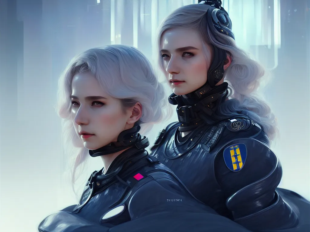 Image similar to portrait futuristic sweden police uniform female, at future neon light rooftop, ssci - fi and fantasy, intricate and very very beautiful and elegant, highly detailed, digital painting, artstation, concept art, smooth and sharp focus, illustration, art by tan zi and ayanamikodon and alphonse mucha and wlop