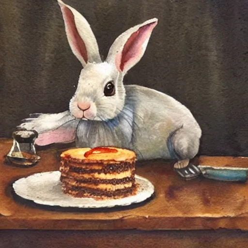 Image similar to a rabbit putting a cake into the oven in a beautiful french rustic kitchen, realistic watercolour