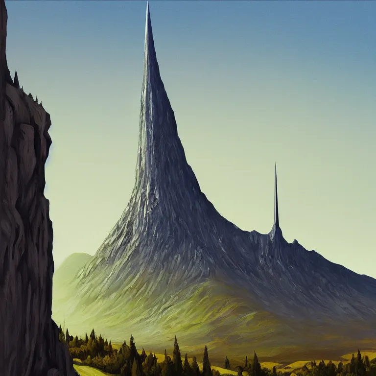 Prompt: tower of Sauron, Middle Earth, Lord of the Rings, designed by Apple, painted by Edward Hopper, painted by James Gilleard, airbrush