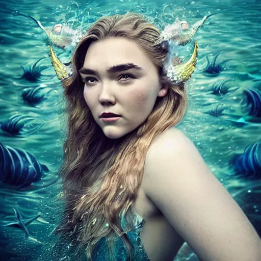 Image similar to “ florence pugh portrait, fantasy, mermaid, hyperrealistic, game character, underwater,, highly detailed, cinematic lighting, pearls, glowing hair, shells, gills, crown, water, highlights, starfish, goddess, jewelry, realistic, digital art, pastel, magic, fiction, ocean, queen, colorful hair, sparkly eyes, fish, heroic, waves, bubbles ”