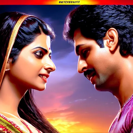 Image similar to perfectly centered bollywood movie promotional poster of anatomically correct hero and heroine intimate romantic pose, faces symmetrical ; real life portrait, ultra realistic, high coherence, intricate, hdr, highly detailed, photorealistic, octane render, 8 k, unreal engine ; art by artgerm, greg rutkowski, charlie bowater