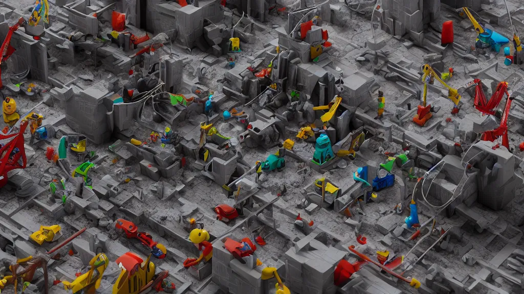 Image similar to construction site made out of toys, pipes, concept art, 3d render, low angle photo