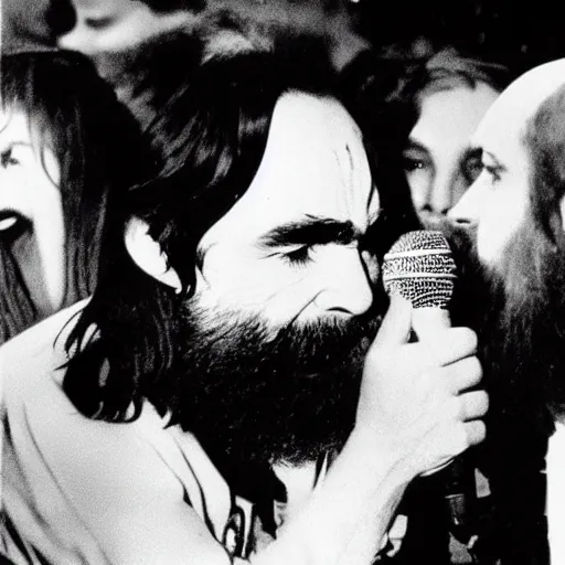 Image similar to charles manson singing with the beatles, portrait, high quality photography, realistic, detailed, uncropped, face detail,