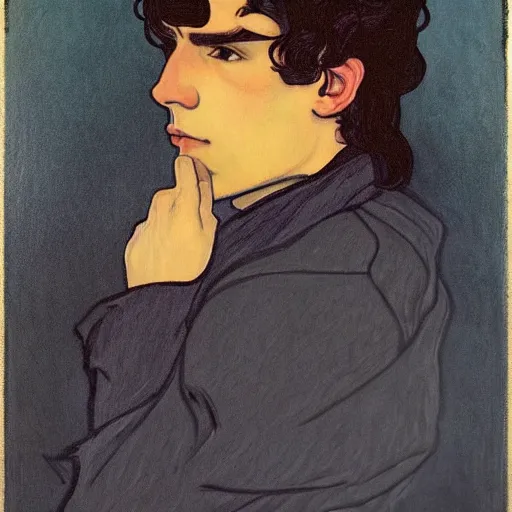 Image similar to painting of young cute handsome beautiful dark medium wavy hair man in his 2 0 s named shadow taehyung at the halloween pumpkin jack o'lantern party, depressed, melancholy, autumn, japan, elegant, clear, painting, stylized, delicate, soft facial features, delicate facial features, soft art, art by alphonse mucha, vincent van gogh, egon schiele