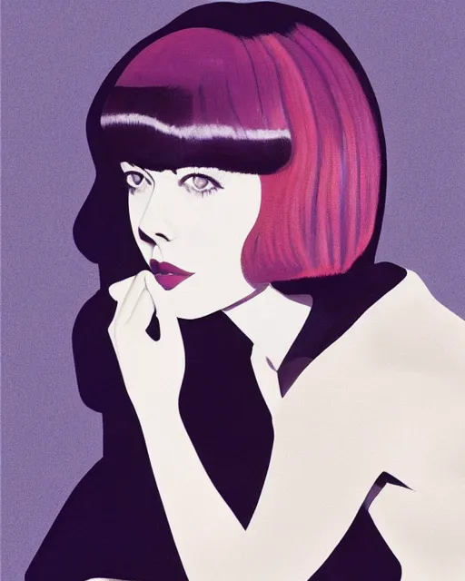 Prompt: colleen moore 2 3 years old, bob haircut, portrait painted by stanley artgerm, casting long shadows, resting head on hands, by patrick nagel and ross tran