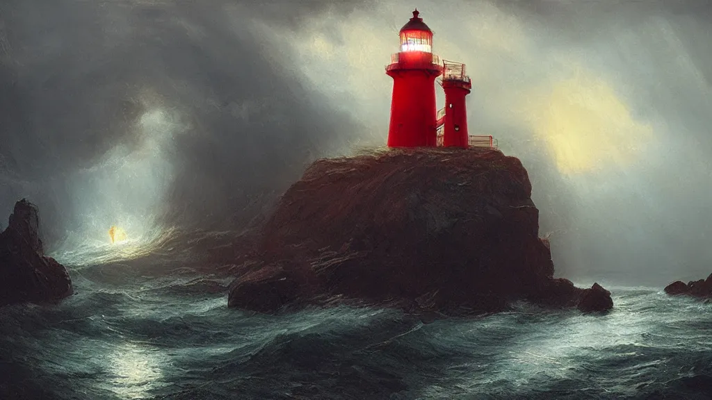 Image similar to red lighthouse in the cave, andreas achenbach, artgerm, mikko lagerstedt, zack snyder, tokujin yoshioka