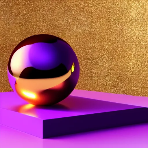 Image similar to A golden ball on top of a purple table, high quality, photo realistic, 3D render.