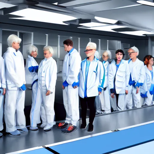 Image similar to group of identical athletic humans with light blue neoprene suits and white hair standing in a line on a conveyor belt, background of advanced futuristic laboratory, sci - fi, highly detailed, hyperrealistic