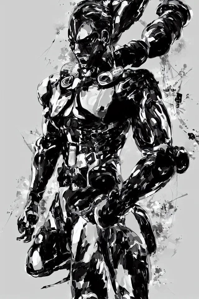 Image similar to a full - body portrait of cyborg ninja oda nobunaga, in yoji shinkawa's art style, metal gear solid art style, highly detailed, 4 k, artistic, white background, b & w