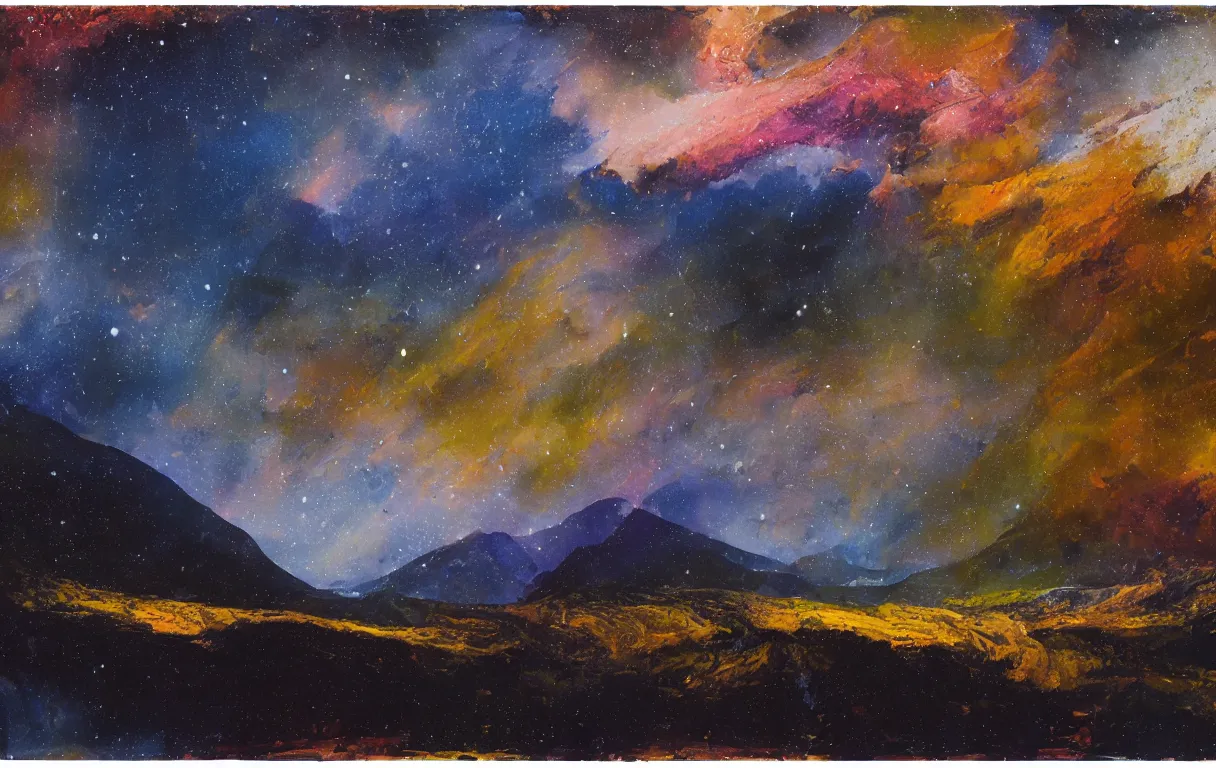 Prompt: Realist colorful impasto painting of the Salmon River mountain valley at midnight by John Harris, stars and nebulae in the inky black sky reflect on the darkest blue river surface, 4k scan, very beautiful, oil on canvas, diagonal brushstrokes