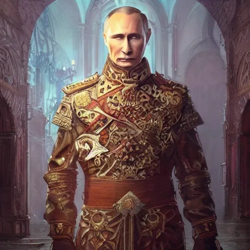 Image similar to Bloody Putin in Kremlin, fantasy, intricate, highly detailed, digital painting, artstation, concept art, smooth, sharp focus, illustration, art by artgerm and greg rutkowski and alphonse mucha