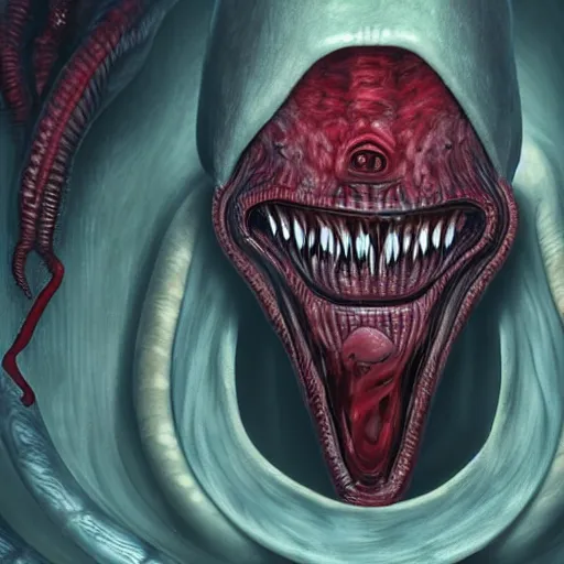 Prompt: realistic, humanoid venom alien, long slimy textured tongue, dripping saliva, mouth with a mouth with a mouth, alien eyes, fangs, thin red glowing veins, grey snake scale skin, cinematic, in a sewer, flashlight lighting, insanely detailed