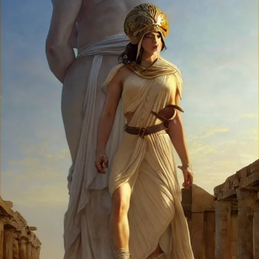 Image similar to tiny full-body young ancient greek woman in helmet, giant gray-haired bearded ancient greek man in background, by David Ligare, incredible details, epic stunning, highly detailed, trending on ArtStation, artgerm and greg rutkowski and alphonse mucha, IAMAG, broken giant marble ruins, golden hour