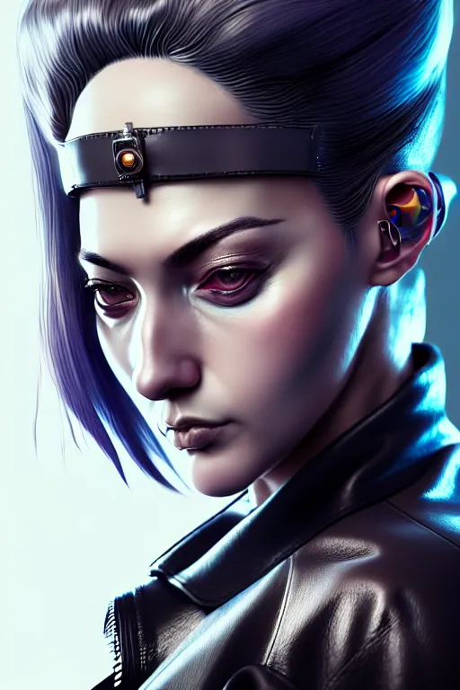 Image similar to hyperdetailed very close portrait of a european fourty years old woman with grey eyes in a leather suit with a pin in a cyberpunk city inspired by ross tran and wlop and masamune shirow and kuvshinov, concept art, intricate, photorealistic, octane render, rtx, hdr, unreal engine, dnd digital art by artgerm