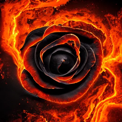 Image similar to outstanding, award - winning macro of a beautiful black rose made of fiery molten magma and nebulae on vantablack background by harold davis, georgia o'keeffe and harold feinstein, highly detailed, hyper - realistic, mysterious inner glow, trending on deviantart, artstation and flickr, nasa space photography, national geographic