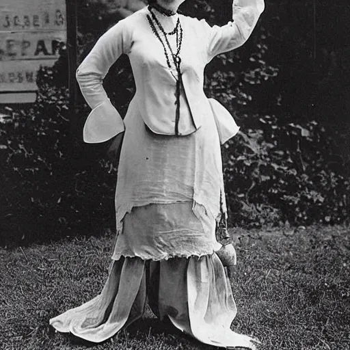 Image similar to a photograph from a museum displays a vintage 1 9 1 0 s of a woman wearing an art nouveau haute couture sailor dress suit outfit ensemble.