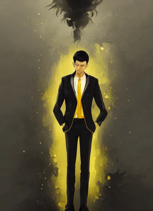 Image similar to a highly detailed illustration of attractive short black haired young asian man wearing suit, yellow eyes, dramatic thinking pose, intricate, elegant, highly detailed, centered, digital painting, artstation, concept art, smooth, sharp focus, league of legends concept art, WLOP