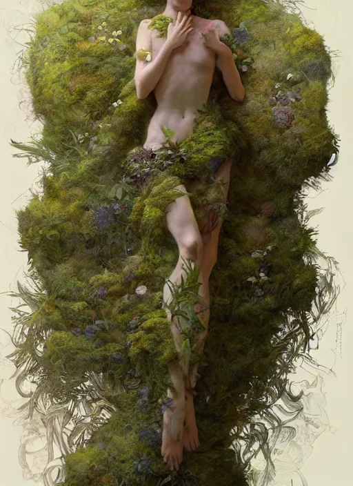 Image similar to a man made of moss and flowers, full body view, beautiful high quality realistic fantasy art, trending on artstation by artgerm and greg rutkowski and alphonse mucha