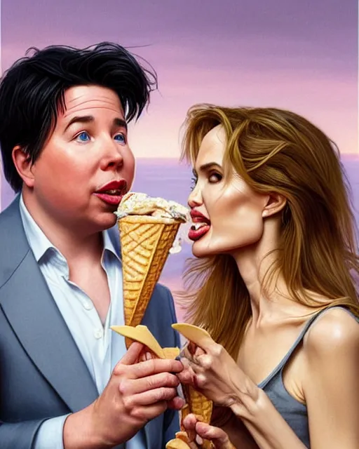 Image similar to Portrait of Michael Mcintyre & blonde Angelina Jolie eating ice creams in Porto,real life skin, intricate, elegant, highly detailed, artstation, concept art, smooth, sharp focus, art by artgerm and greg rutkowski and alphonse mucha