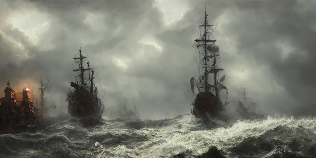 Image similar to A hyper realistic oil painting of a pirate ship in a storm, dark clouds above, fog, lightning lights the sky, by Greg Rutkowski, hyper detailed, trending on artstation