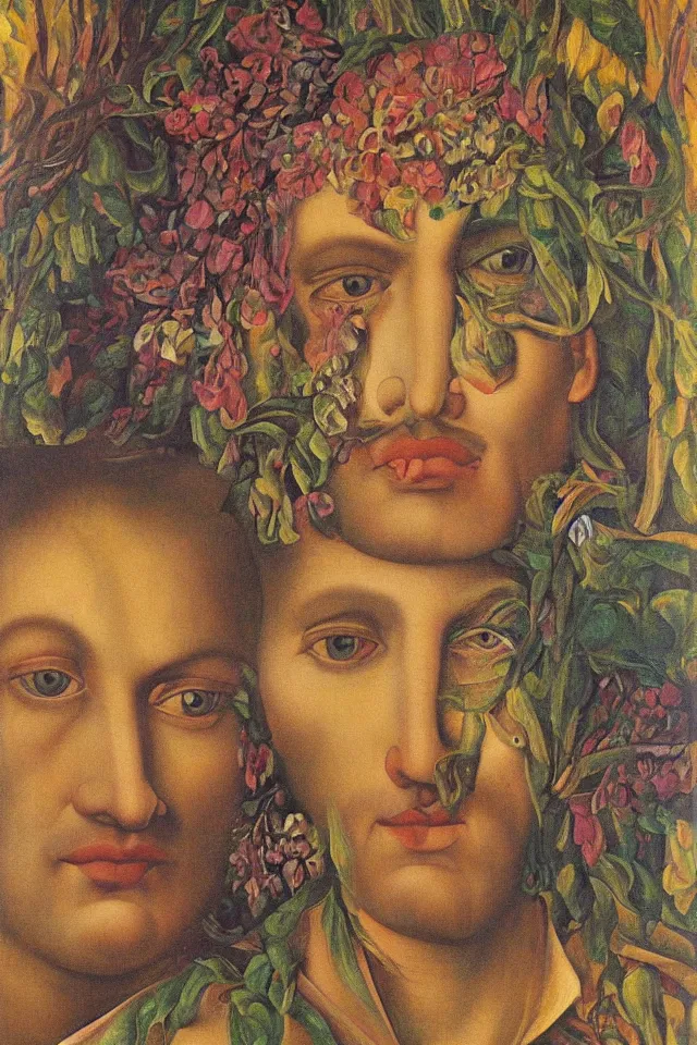 Image similar to extreme closeup floral portrait of a single man and woman by wojciech siudmak and ernst fuchs, oil on canvas