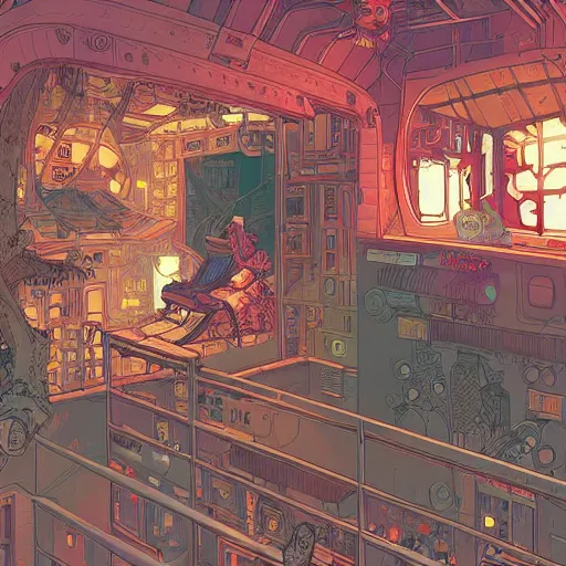 Prompt: Stunningly intricate illustration of a cyberpunk explorer playing video games in his treehouse, highly detailed, midnight, by Victo Ngai and James Gilleard , Moebius, Laurie Greasley