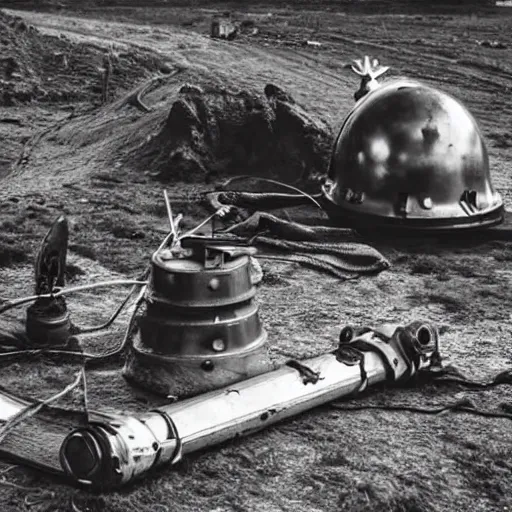 Image similar to wide angle photo of viking wearing space suit helmet and viking armor working on the antigravity gun ancient device, tools and junk on the ground,wires and lights, old village in the distance, vintage old photo, black and white, sepia