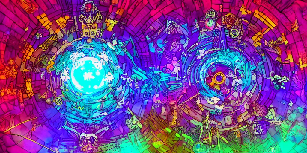 Image similar to Dreamy psychedelic anime, extremely colorful, geometric, Madoka witch labyrinth, patchwork, photoshop, HDR, 4k, 8k, abstract