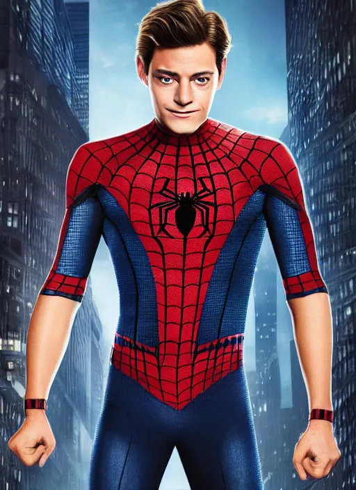 Image similar to very handsome peter parker looking at the camera with his spider suit removed to his waist